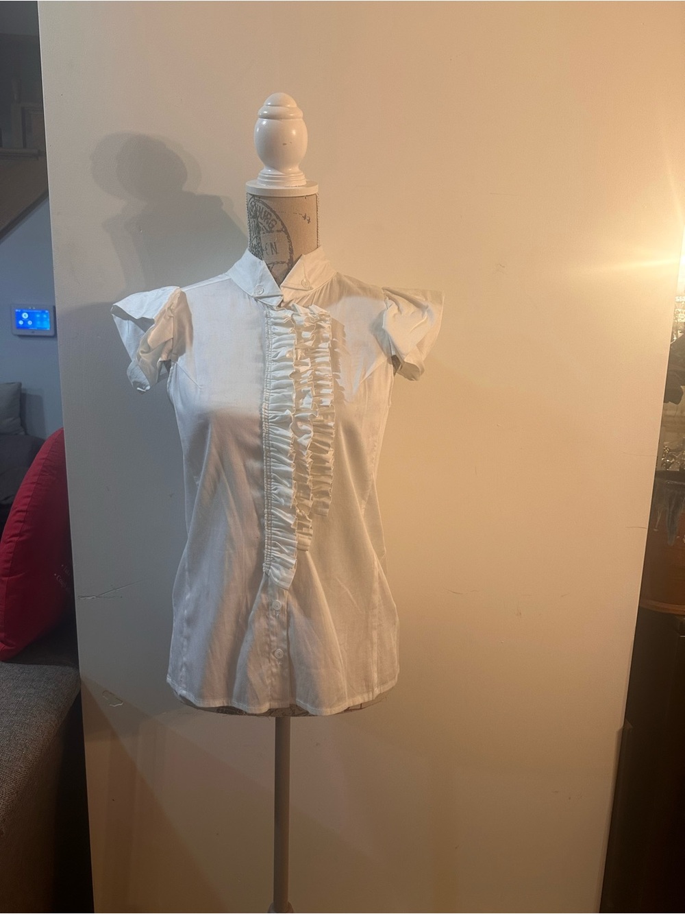 C. Luce White Ruffle-Front Cap Sleeve Blouse